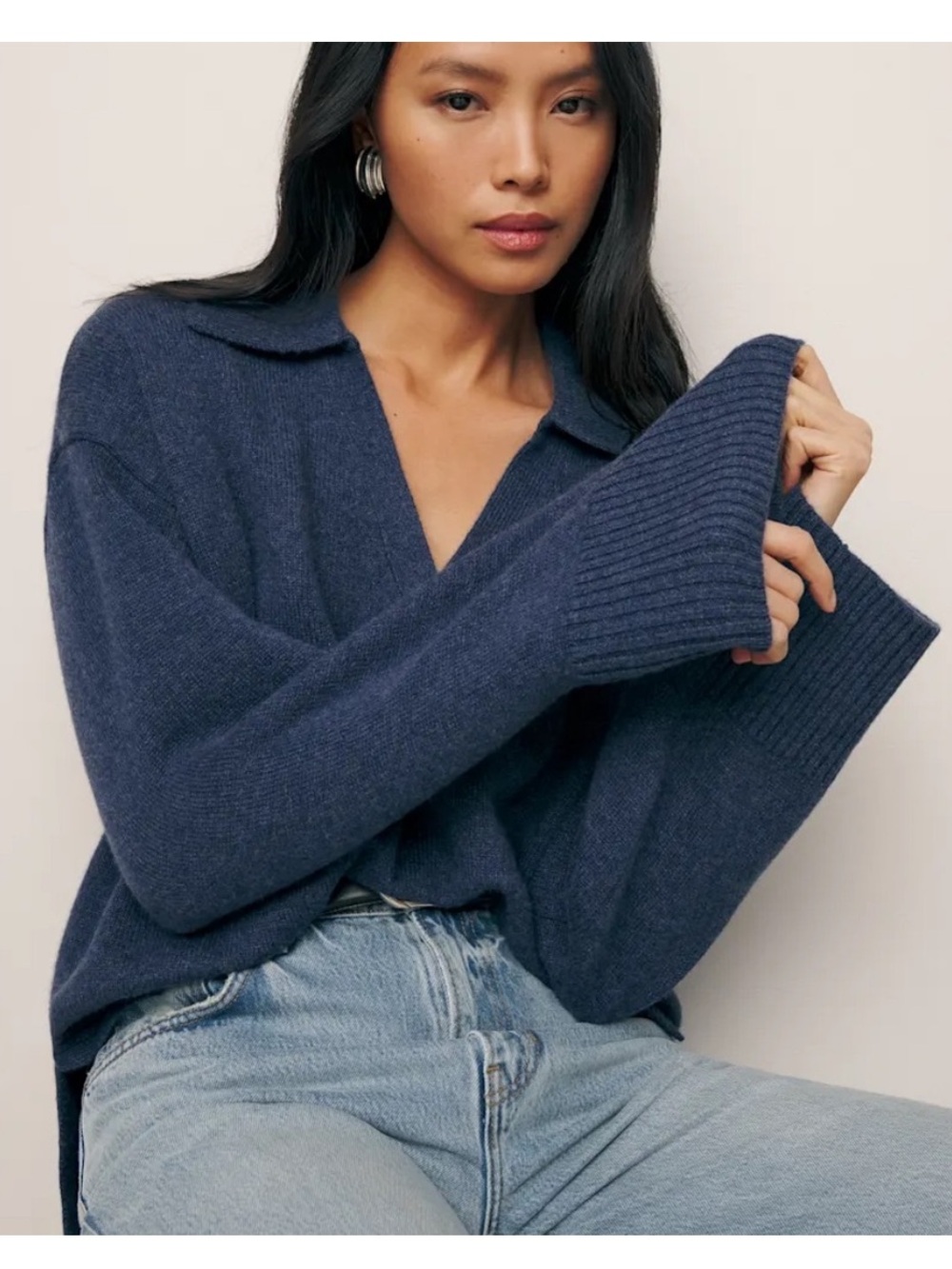 Reformation blue sawyer 100% cashmere collared sweater womens L rare - Picture 2 of 9